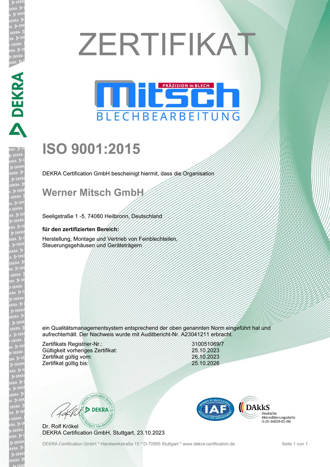 ISO 9001:2015 Zertifikat – vollständige Ansicht
